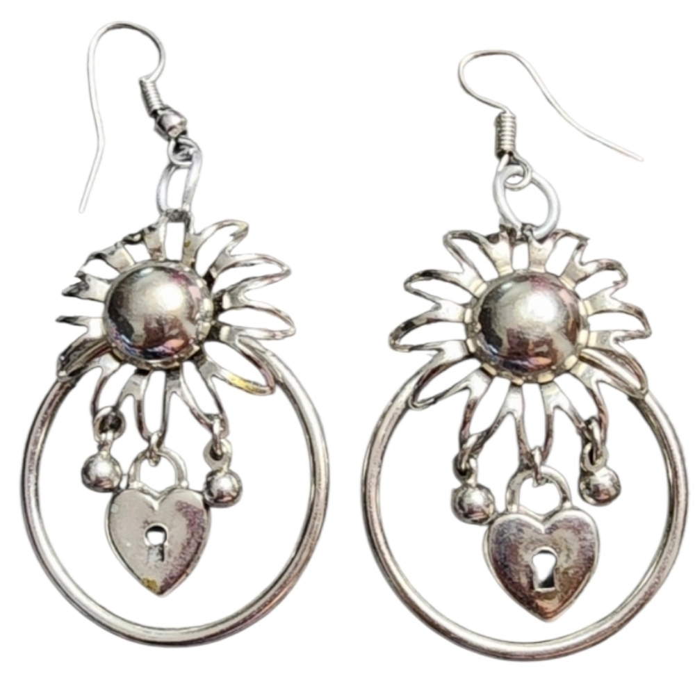 Silvertone Sunburst Heart Lock Earrings